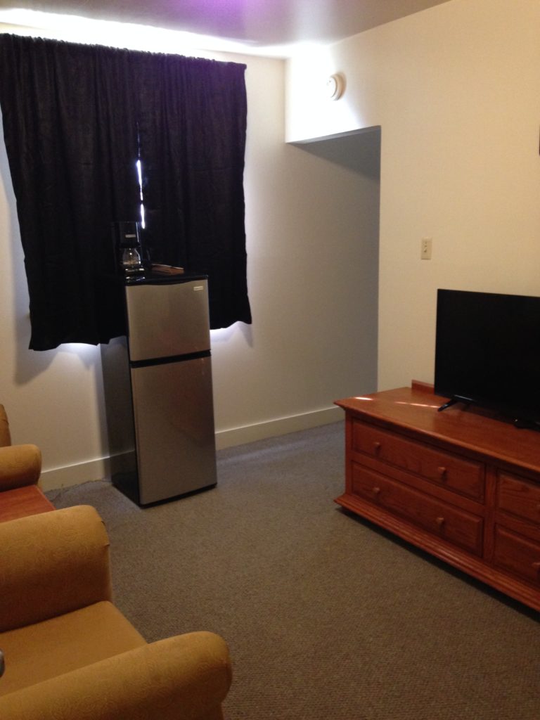 Remodeled room with television, refrigerator and chairs